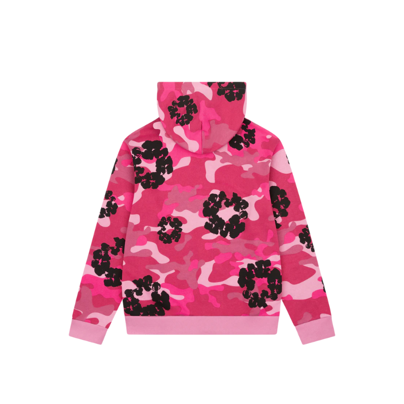 Sweat à capuche zippé en coton rose camouflage avec couronne | Denim Tears