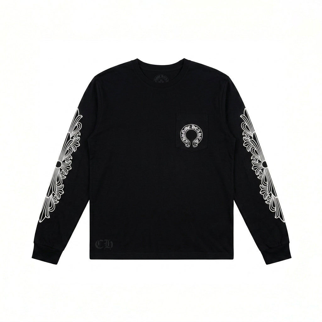 Longsleeve Black Floral Horseshoe | Chrome Hearts