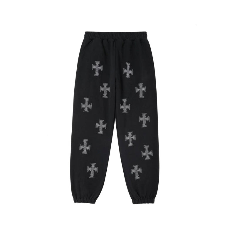 UNKNOWN Black / White Cross Rhinestone Joggers Black