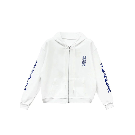 Zip Hoodie White Vertical Logo Blue  | Chrome Hearts