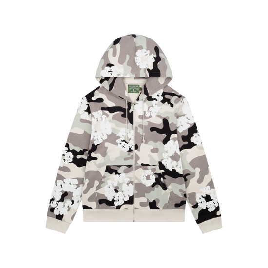 Sweat à capuche zippé en coton blanc motif camouflage et couronne | Denim Tears
