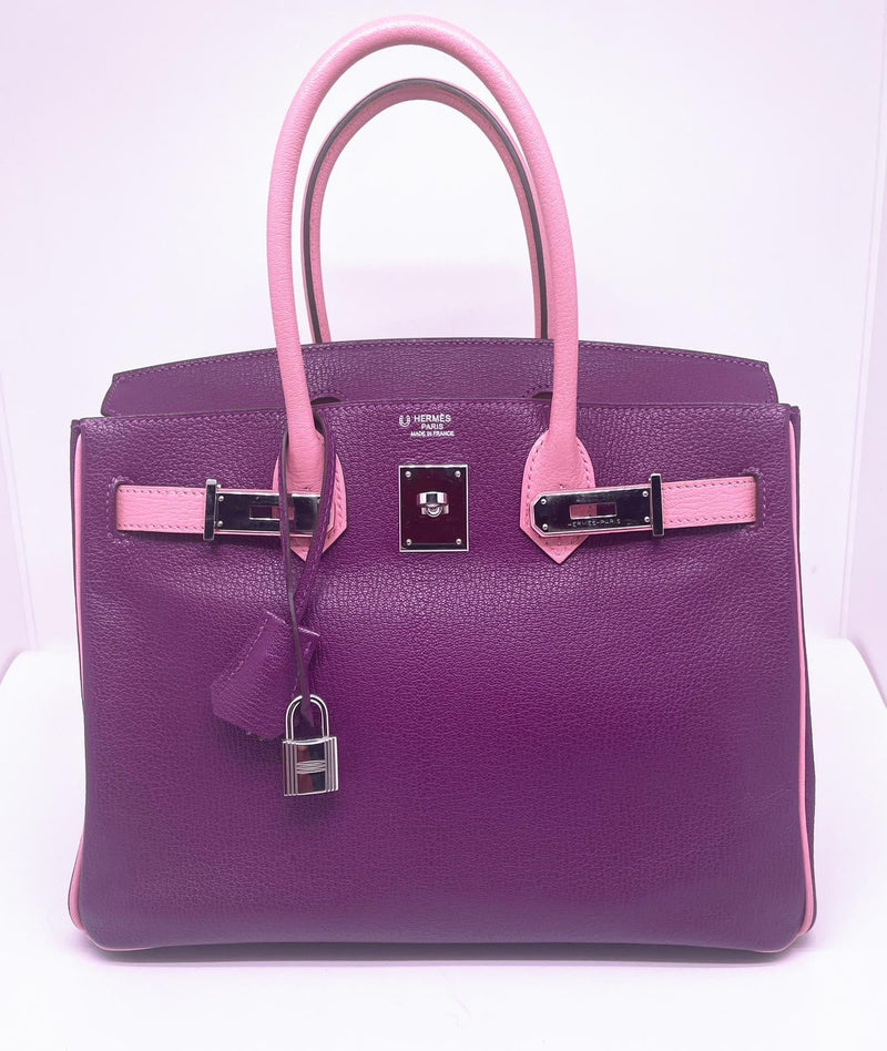 Sac HERMES Birkin 30 cm Bi colour HHS Cuir de Chevre Anemone et  Rose Confetti garniture argente palladié