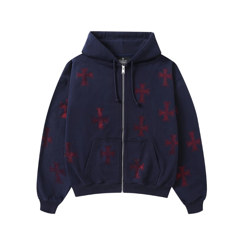 Zip Hoodie Navy/Red Crosses Rhinestone | Unknown