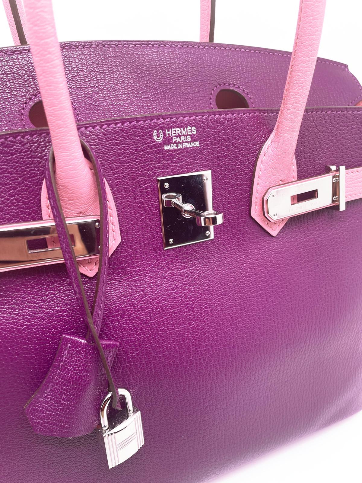 Sac HERMES Birkin 30 cm Bi colour HHS Cuir de Chevre Anemone et  Rose Confetti garniture argente palladié