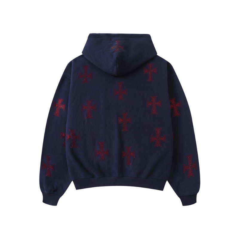 Zip Hoodie Cross Rhinestone Navy Red | Unknown