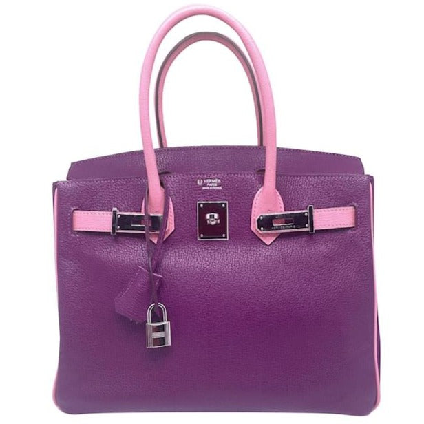 Sac HERMES Birkin 30 cm Bi colour HHS Cuir de Chevre Anemone et  Rose Confetti garniture argente palladié