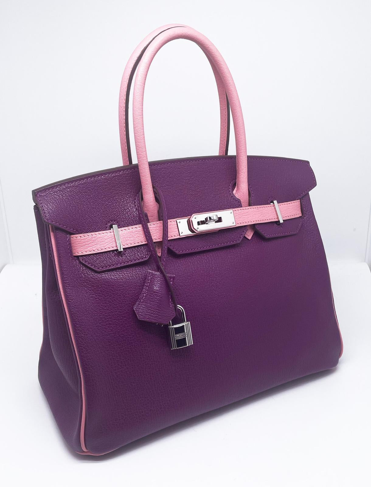 Sac HERMES Birkin 30 cm Bi colour HHS Cuir de Chevre Anemone et  Rose Confetti garniture argente palladié