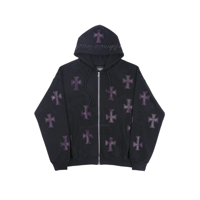 Zip Hoodie Black Purple Crosses Rhinestone  | Unknown