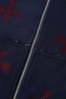 Zip Hoodie Cross Rhinestone Navy Red | Unknown