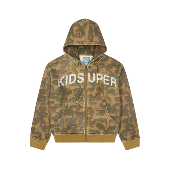 Zip Hoodie Face Camo Dark Green | KidSuper