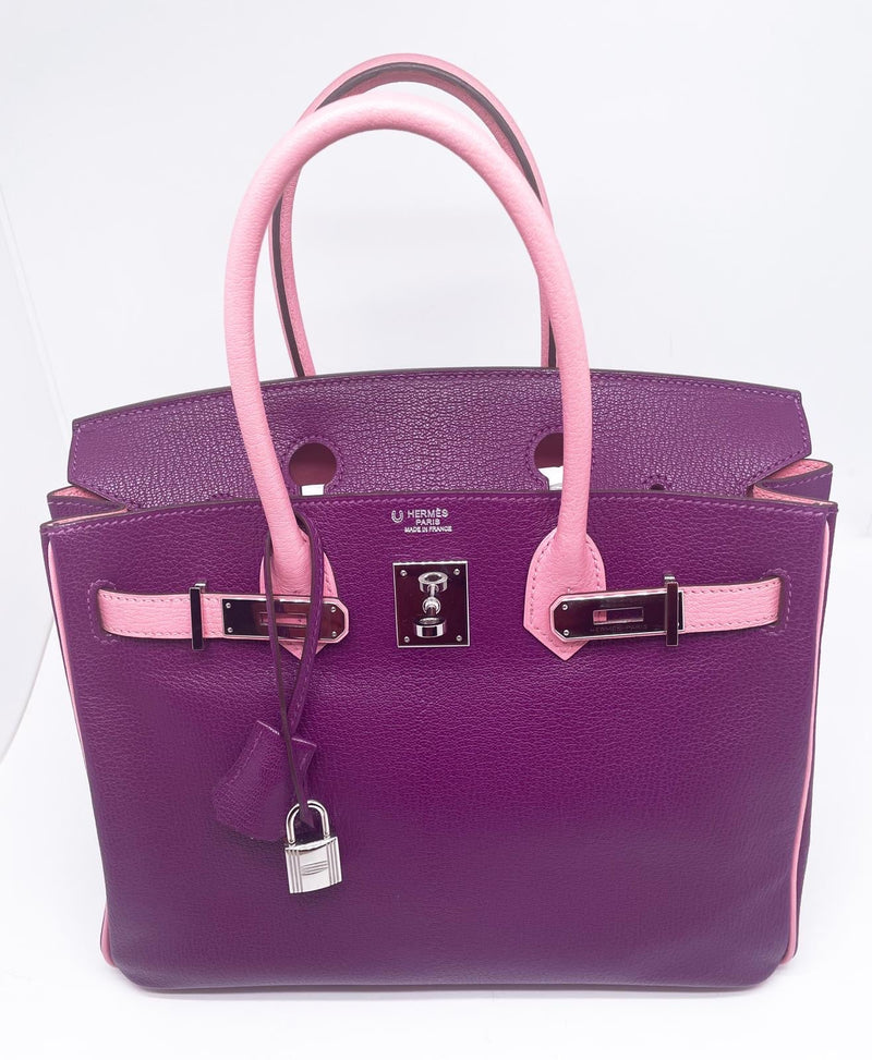 Sac HERMES Birkin 30 cm Bi colour HHS Cuir de Chevre Anemone et  Rose Confetti garniture argente palladié