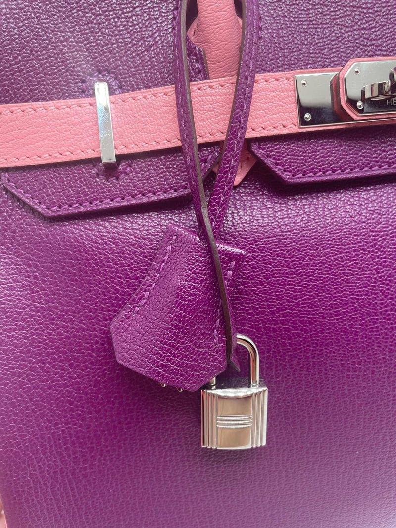 Sac HERMES Birkin 30 cm Bi colour HHS Cuir de Chevre Anemone et  Rose Confetti garniture argente palladié