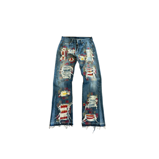 Jeans Sunflower Stitch Denim Blue & Red & Orange  | StudioPolyvalent