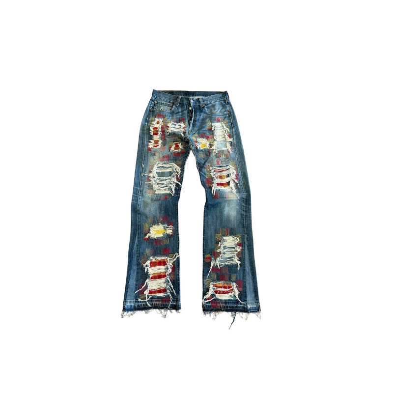Jeans Sunflower Stitch Denim Blue & Red & Orange  | StudioPolyvalent