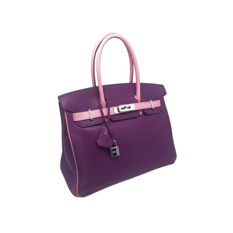 Sac HERMES Birkin 30 cm Bi colour HHS Cuir de Chevre Anemone et  Rose Confetti garniture argente palladié