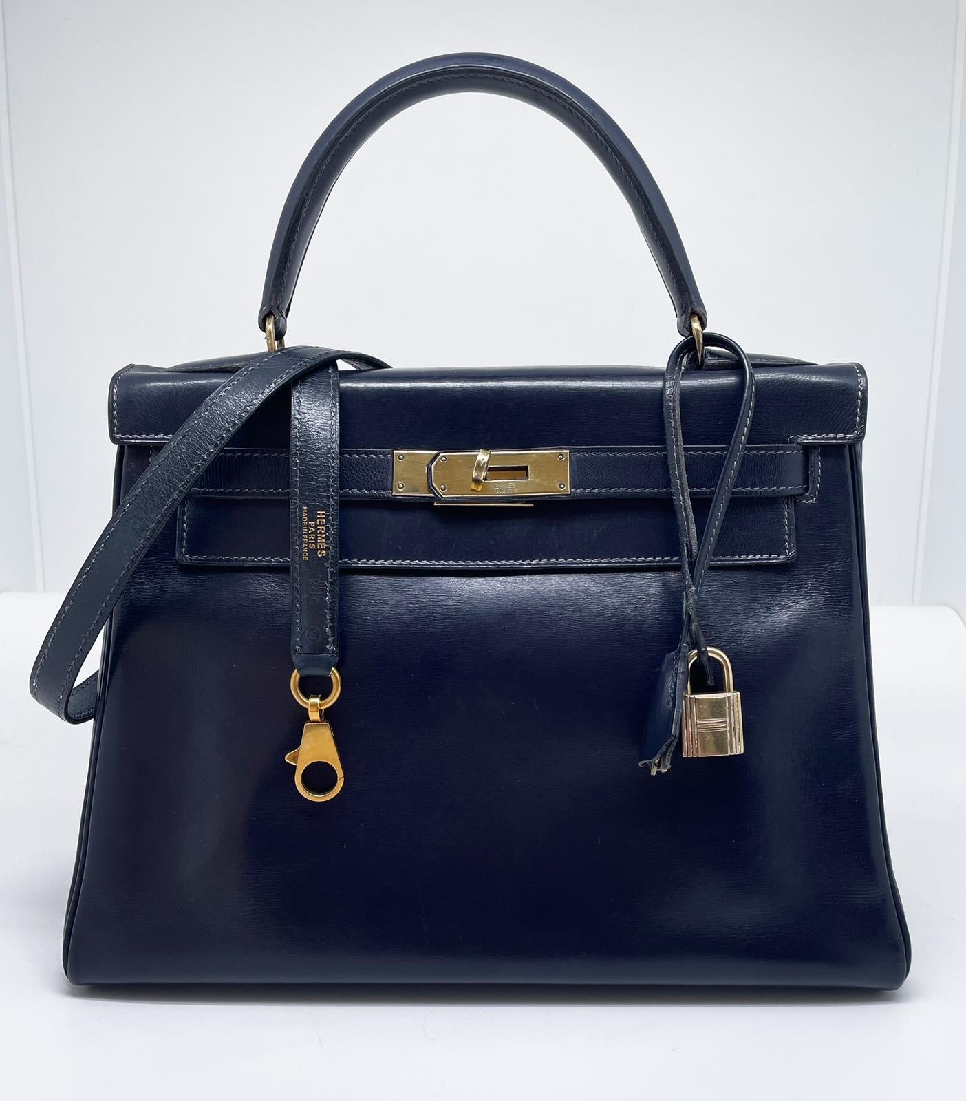 Sac HERMES Kelly 28 Box Bleu Marine