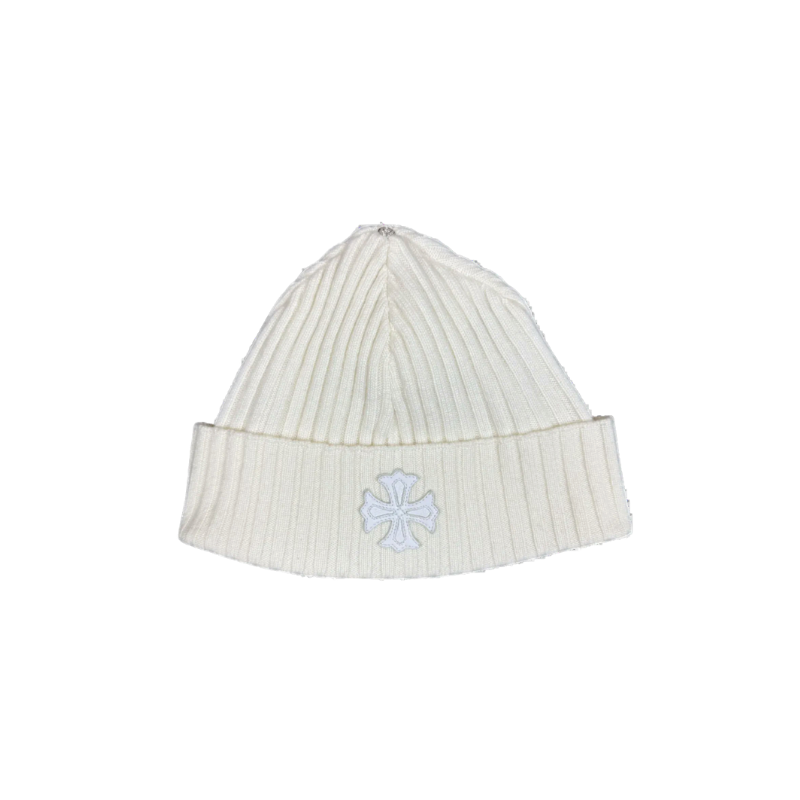 Beanie White Cashmere Cross Patch  | Chrome Hearts