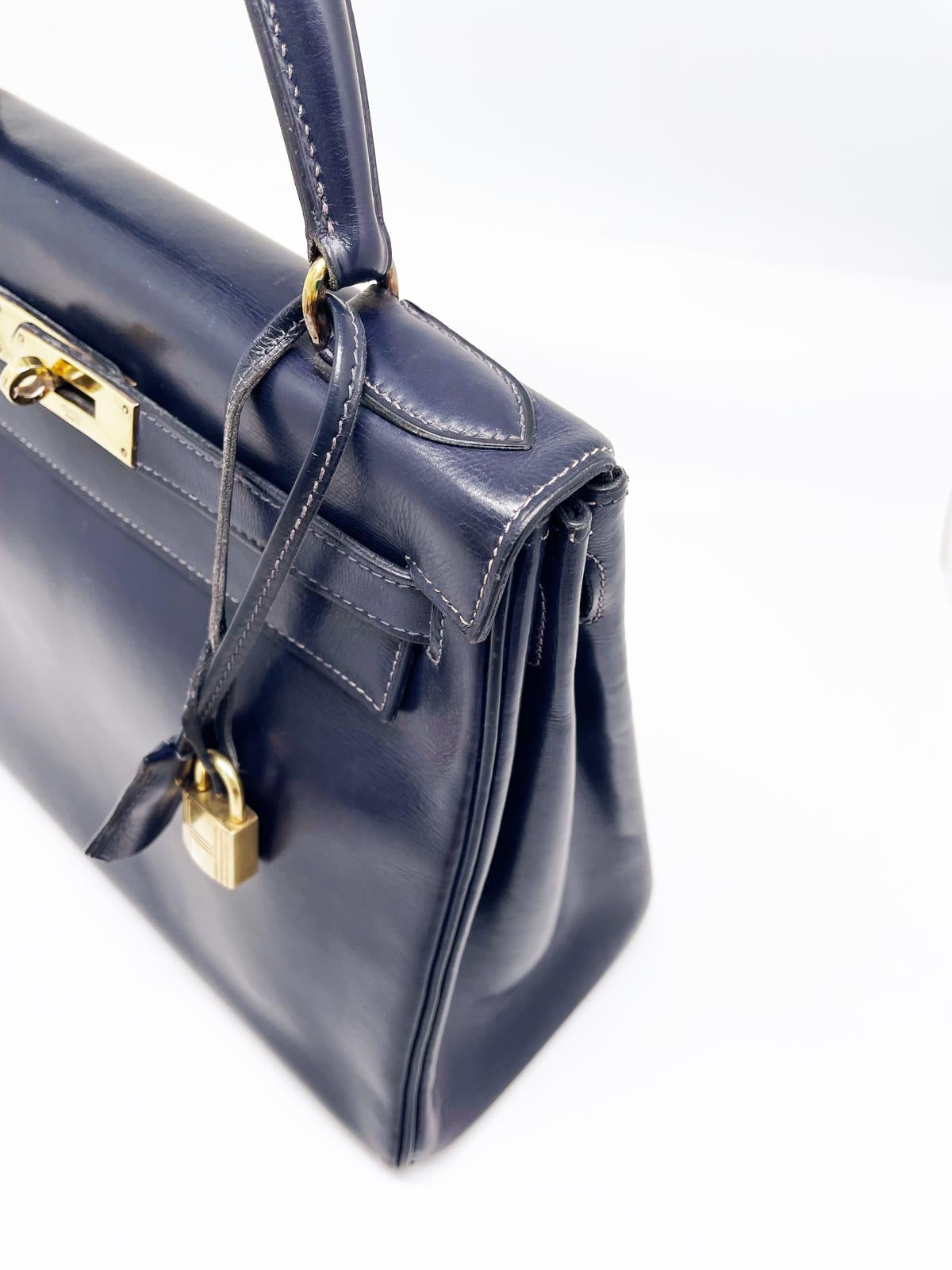 Sac HERMES Kelly 28 Box Bleu Marine