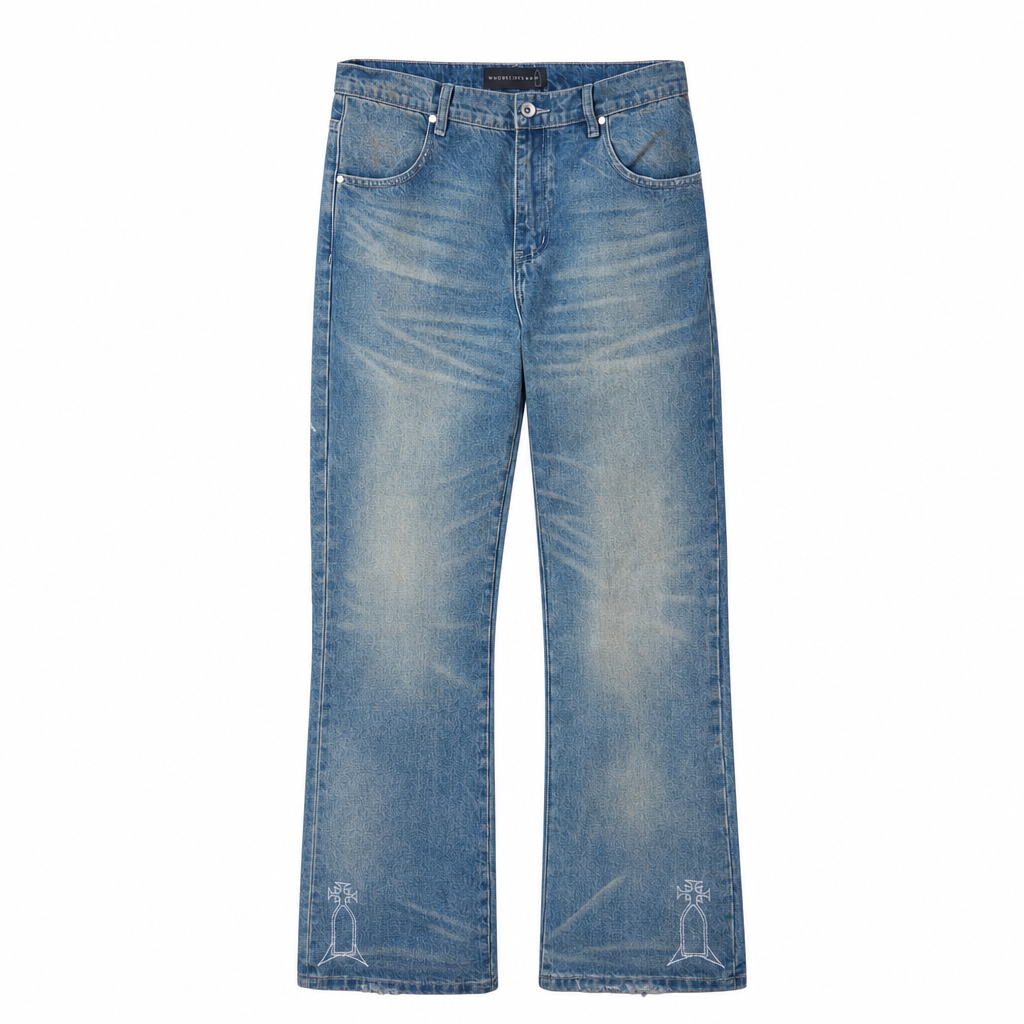Jeans Flare Washed Blue Embroidery | WhoDecidesWar, Hype clothes, view 4