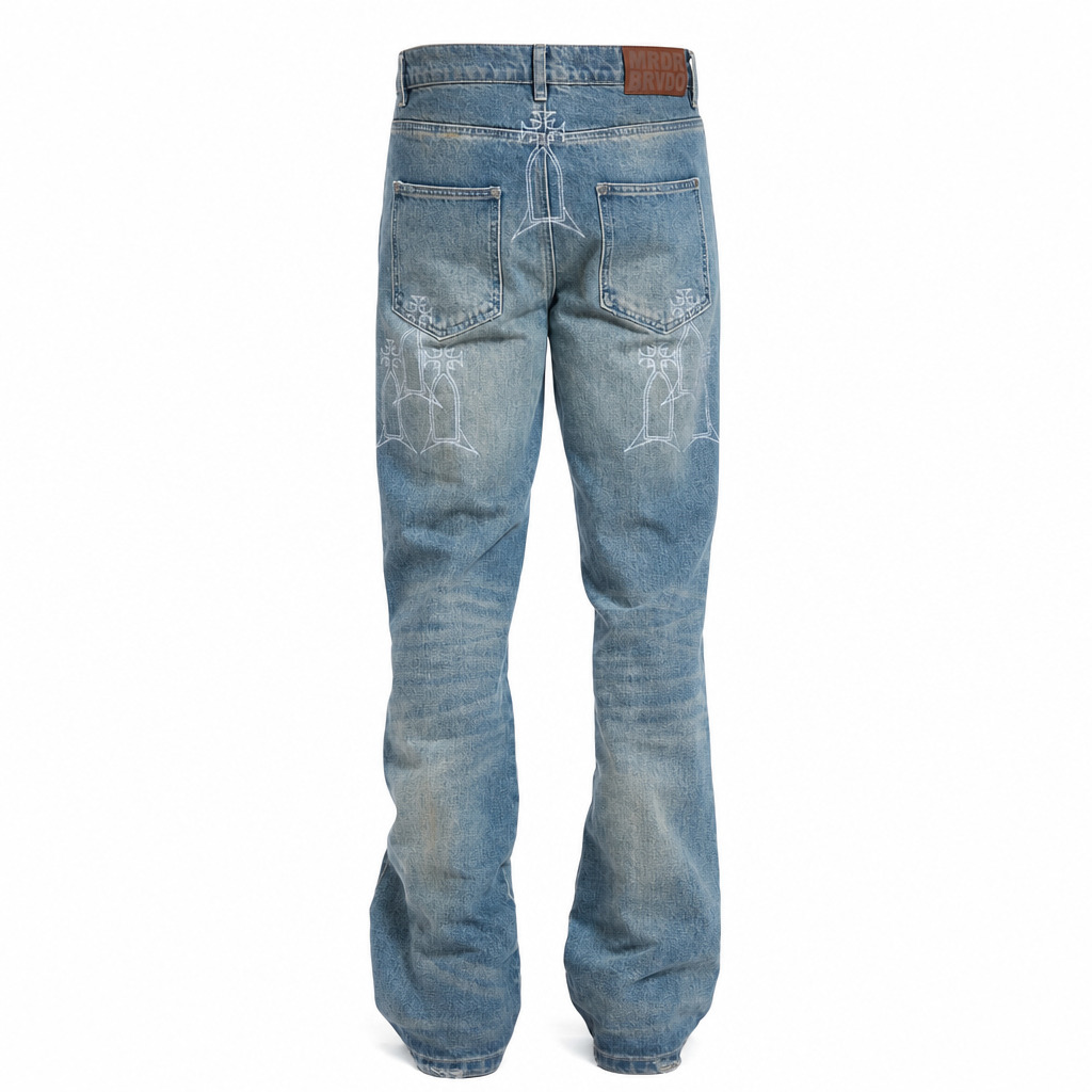 Jeans Flare Washed Blue Embroidery | WhoDecidesWar, Hype clothes, view 2